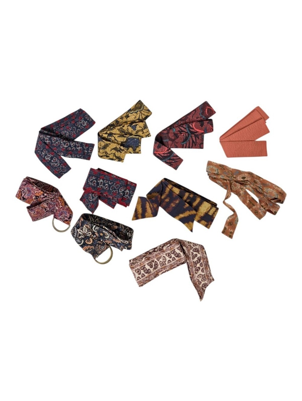 Lot of 10 Boho Fabric Tie Belts Floral Ikat Sash D Ring Assorted 55"-75"